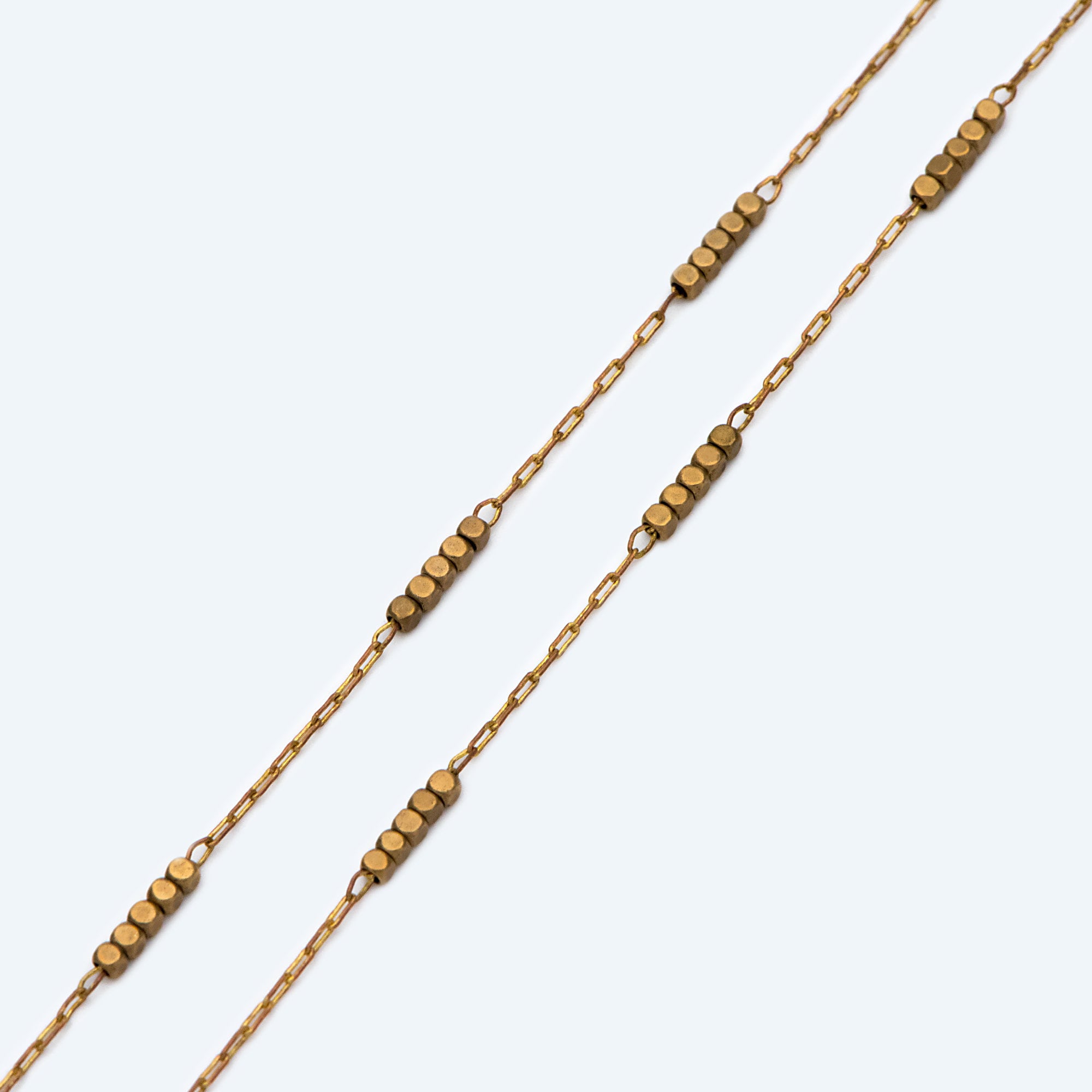 Raw Brass Beaded Chain, 0.9mm Thin Chain with 1.6mm Cube Beads, Un-plated Brass Delicate Chains (#LK-146-RB)/ 1 Meter=3.3 ft